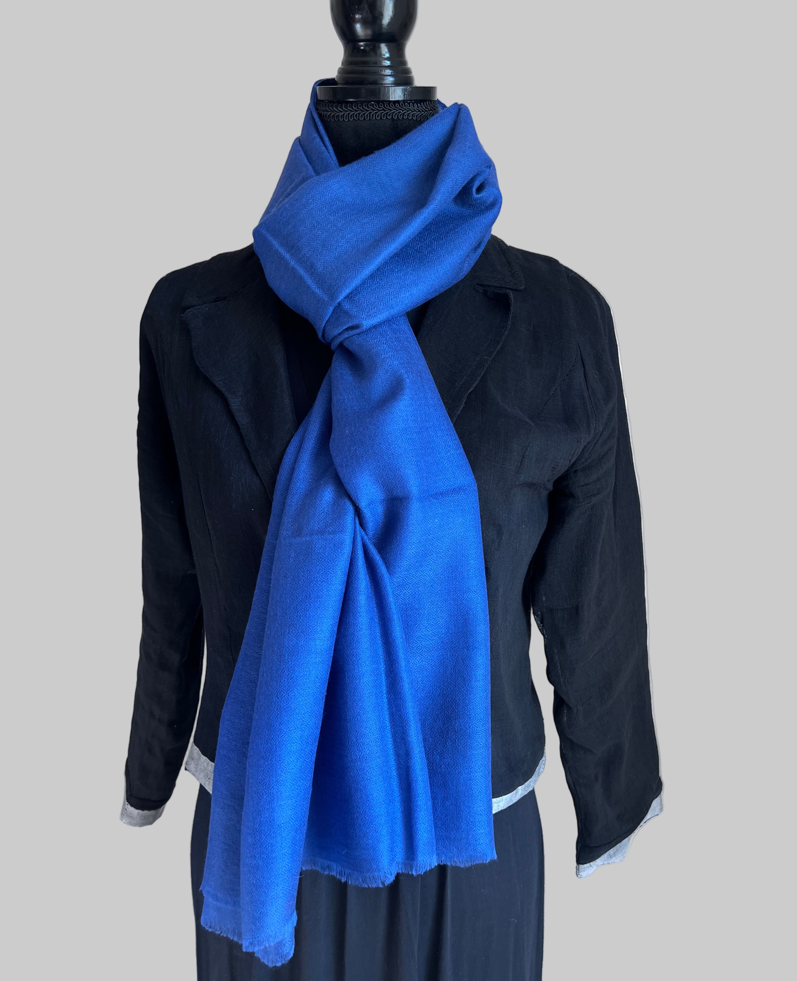 Pure Pashmina Luxury Scarf - Cobalt Blue - on dress form - shorter