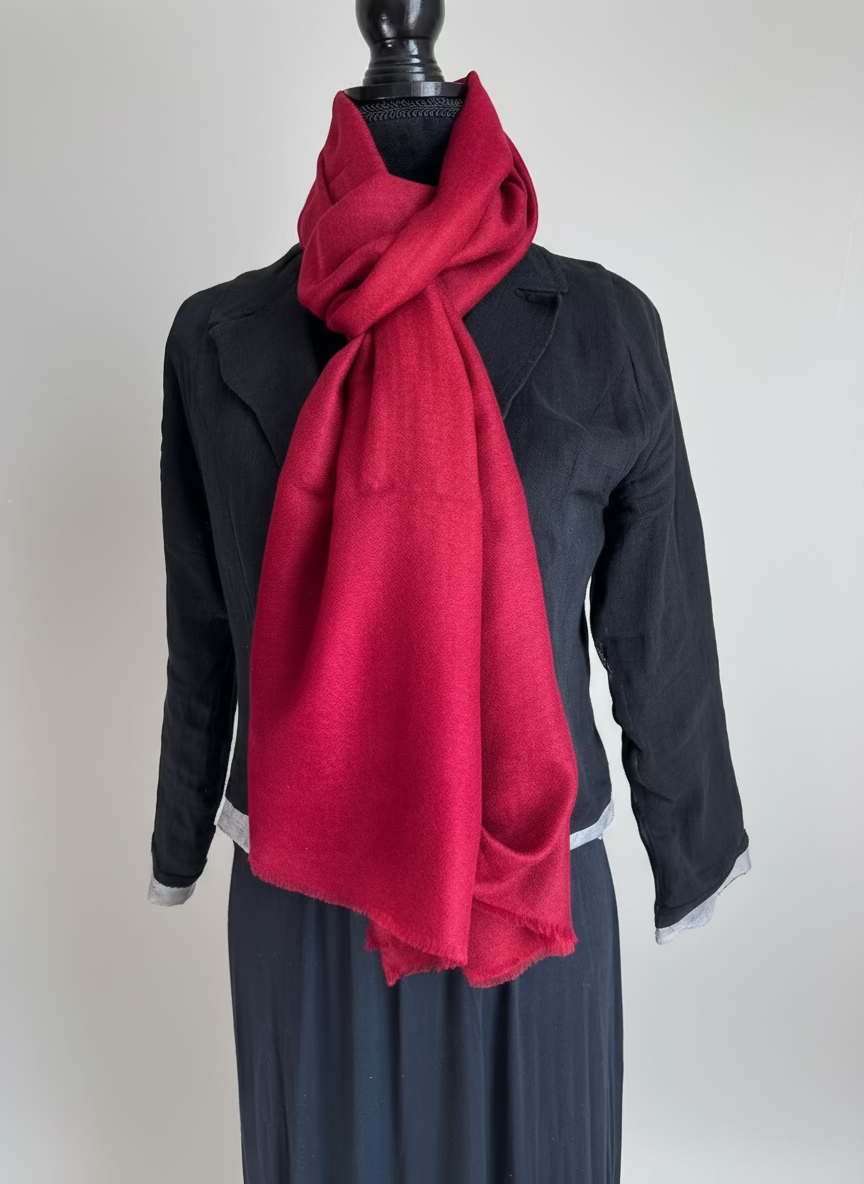 Pure Pashmina Luxury Scarf - Red - on dress form shorter