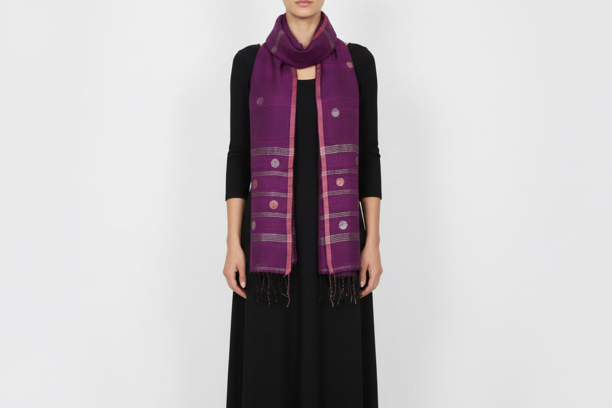 Purple Zari circle muslin Jamdani long scarf on model