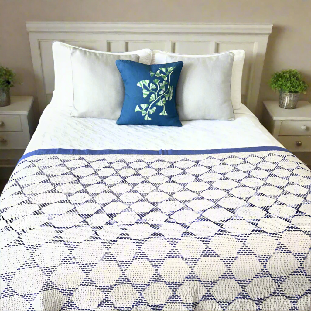 Blue Dreams Cotton Kantha Throw Quilt