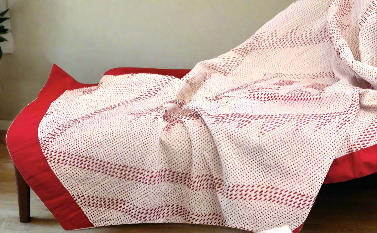 Cardinal Cotton Kantha Throw Quilt