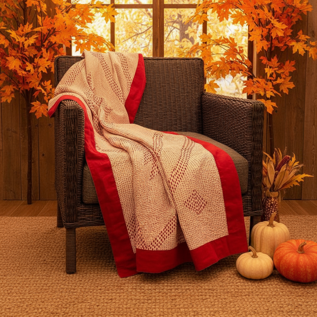 Kantha Cardinal throw quilt in Fall look