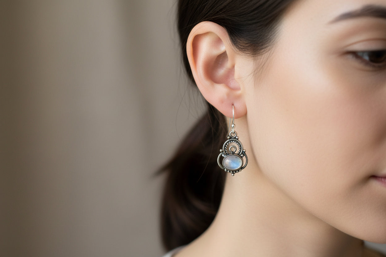 Rainbow Labradorite vintage look earrings on woman