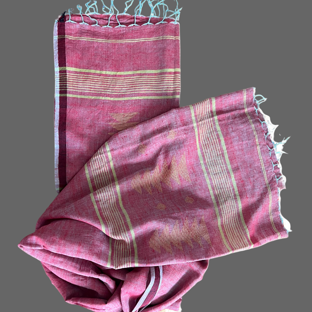 Rose gold and fuchsia muslin cotton scarf with stripes and arrow jamdani motifs