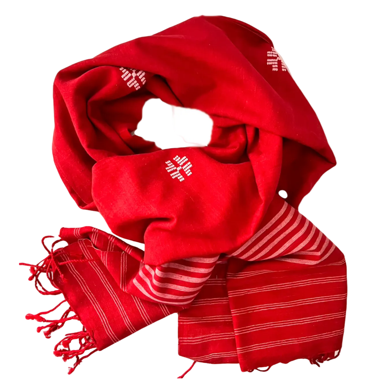 A red scarf with white patterns and stripes, displayed on a white background.
