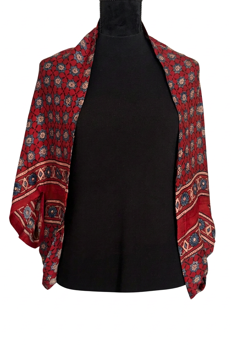 Red Fleur - Ajrakh Modal Silk shrug - All Season