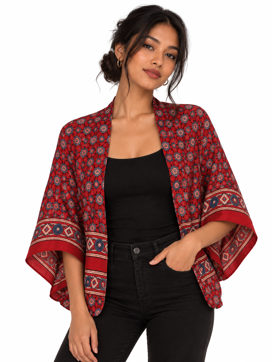 Red Fleur - Ajrakh Modal Silk shrug - All Season
