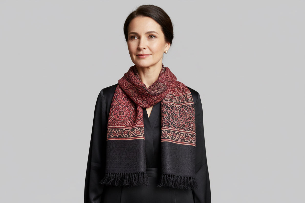 Red and Black Ajrakh Fine wool scarf - on model