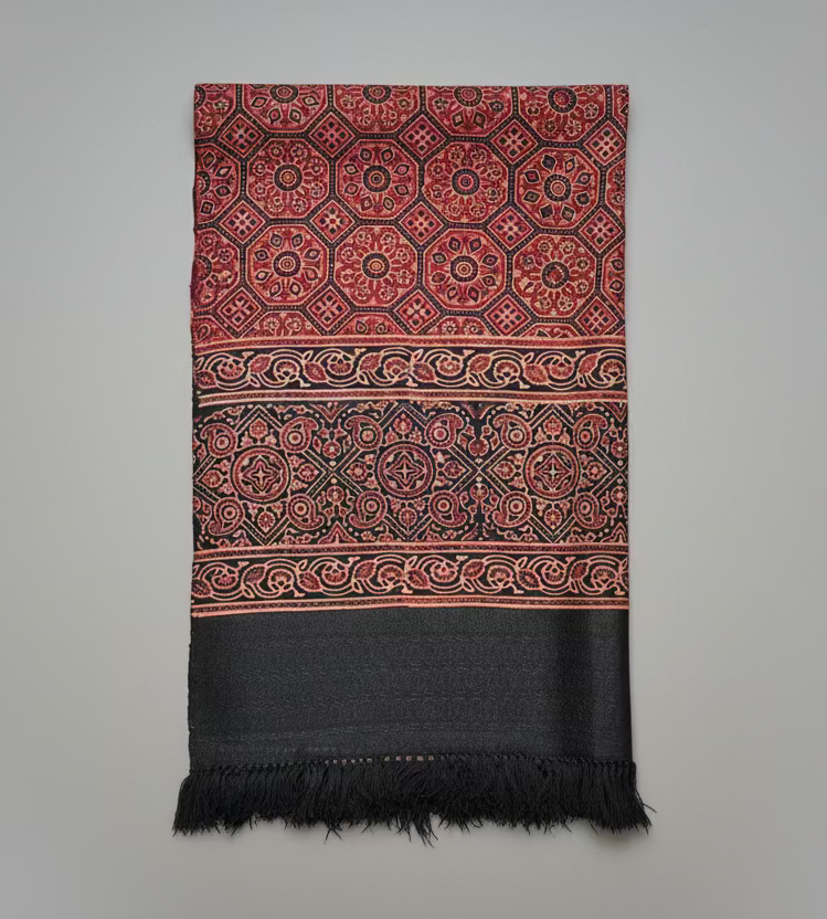 Red and black Ajrakh fine wool luxury scarf