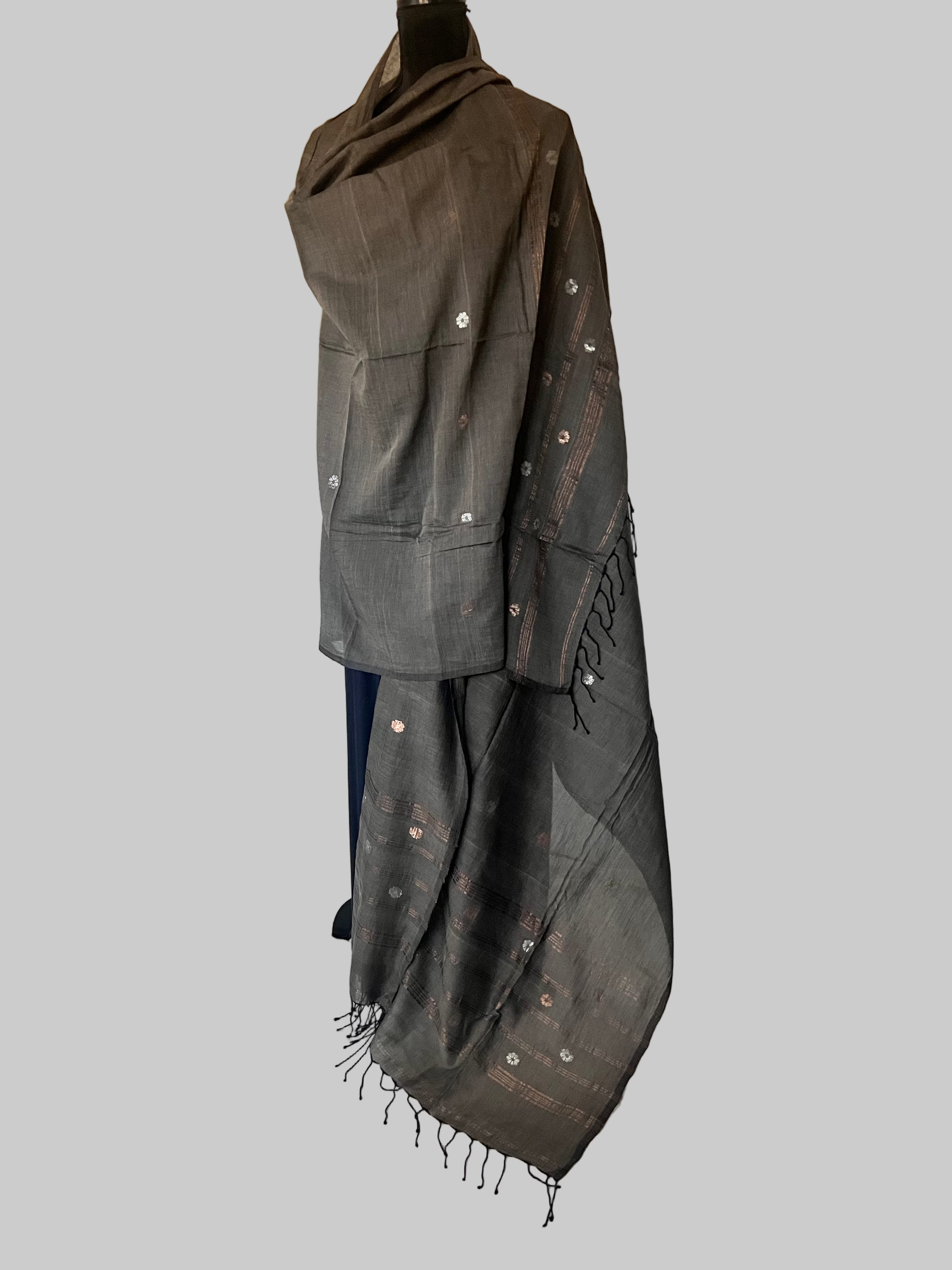 Smoky Zari Boota Luxury Jamdani scarf full on dress form