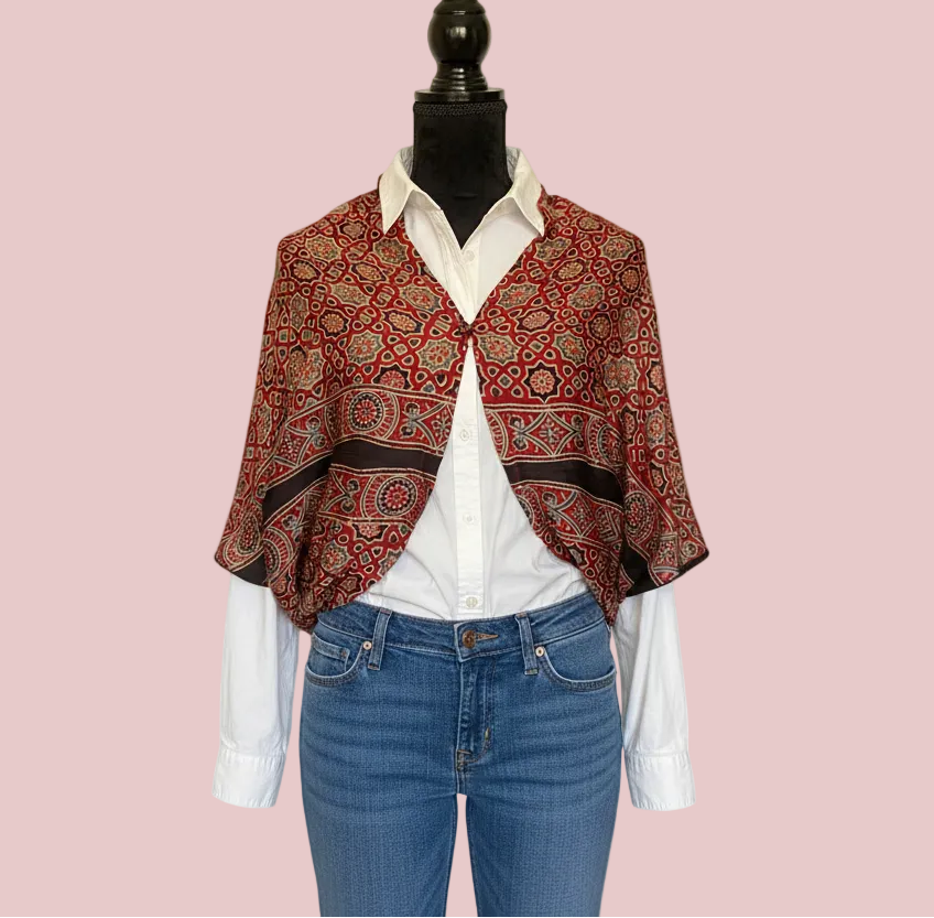 Tara luxurious modal silk shrug - ajrakh motifs - button closed
