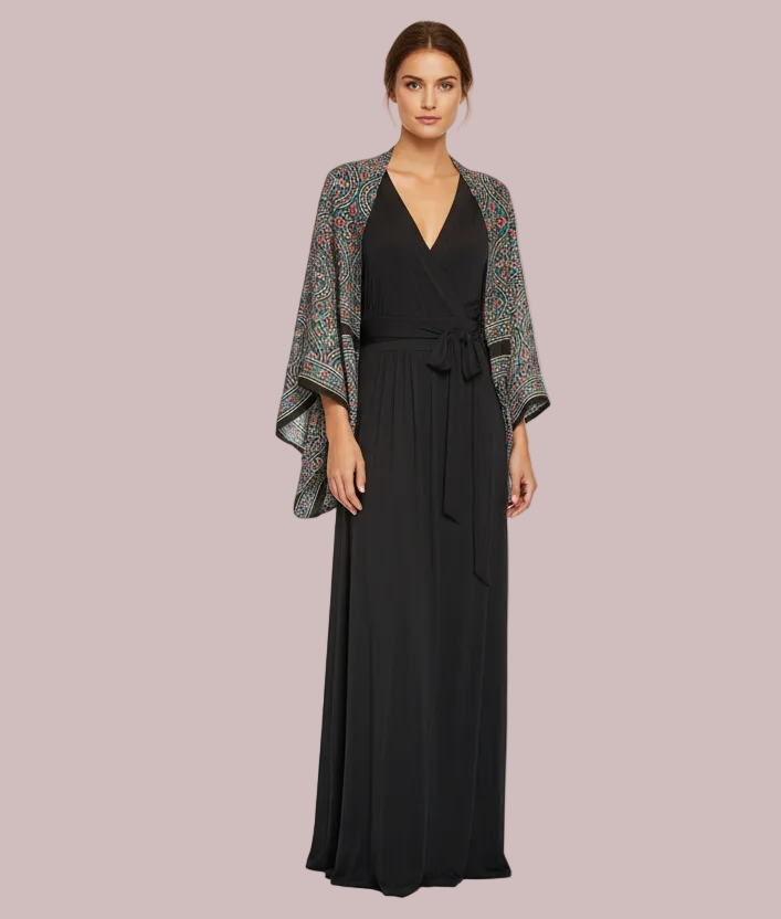 modal silk dress design Wholesale - Waves - Ajrakh shrug vt::Dresses::Neckline::Square Neck A collared V Black Hijab Evening Dress Color:BONE