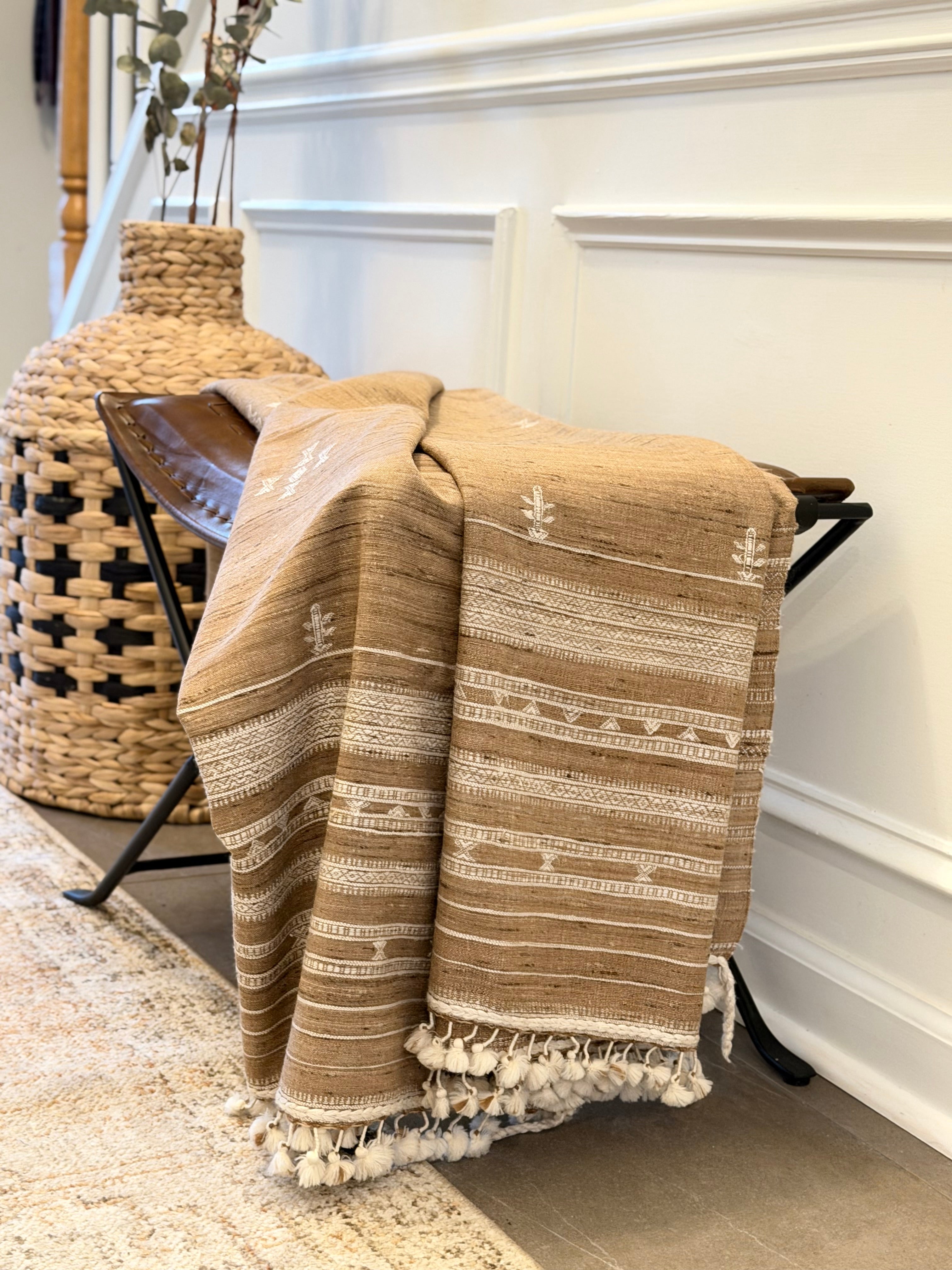 camel jalboota fine vegan silk-wool throw on bench