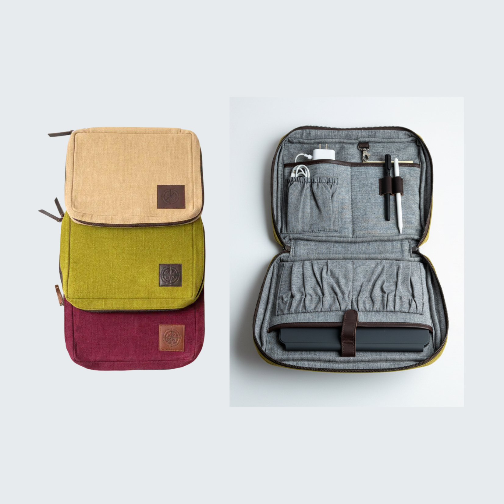 Two travel organizers, one beige and red, the other gray with compartments, on a light gray background.