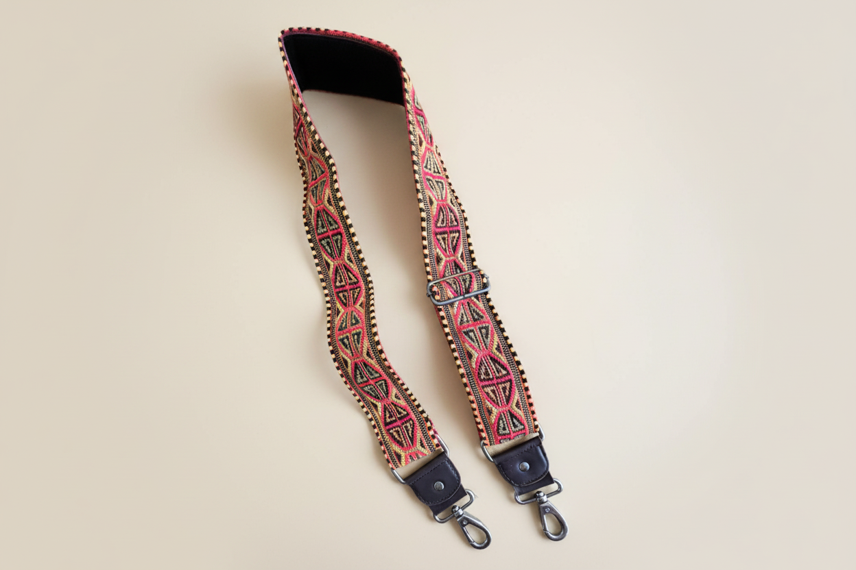 Decorative handmade crossbody bag strap with geometric pattern with leather backing