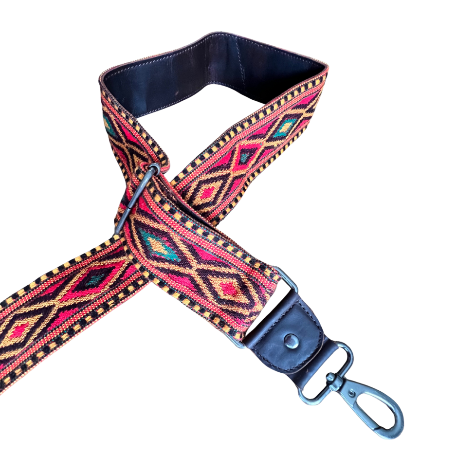 Multicolored patterned strap with leather leather back and handwoven cloth front