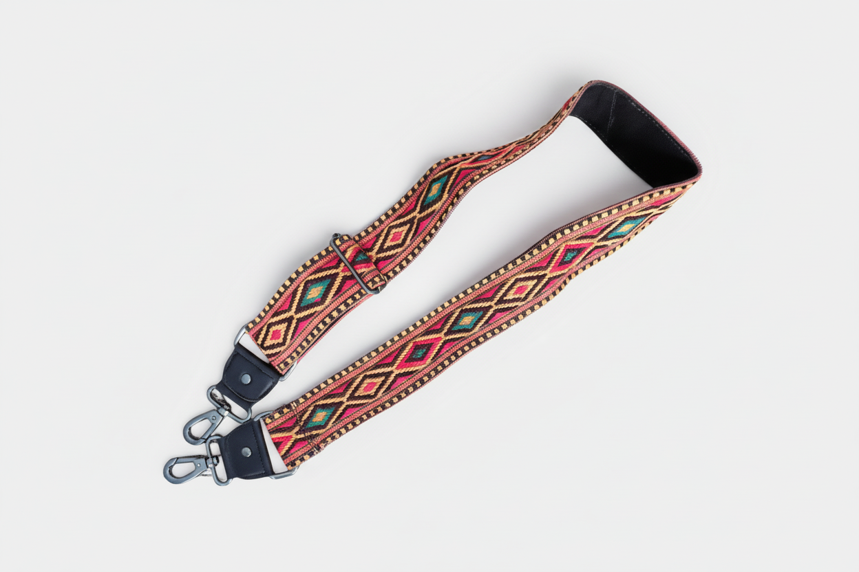 Colorful patterned strap with leather back and metal clasp