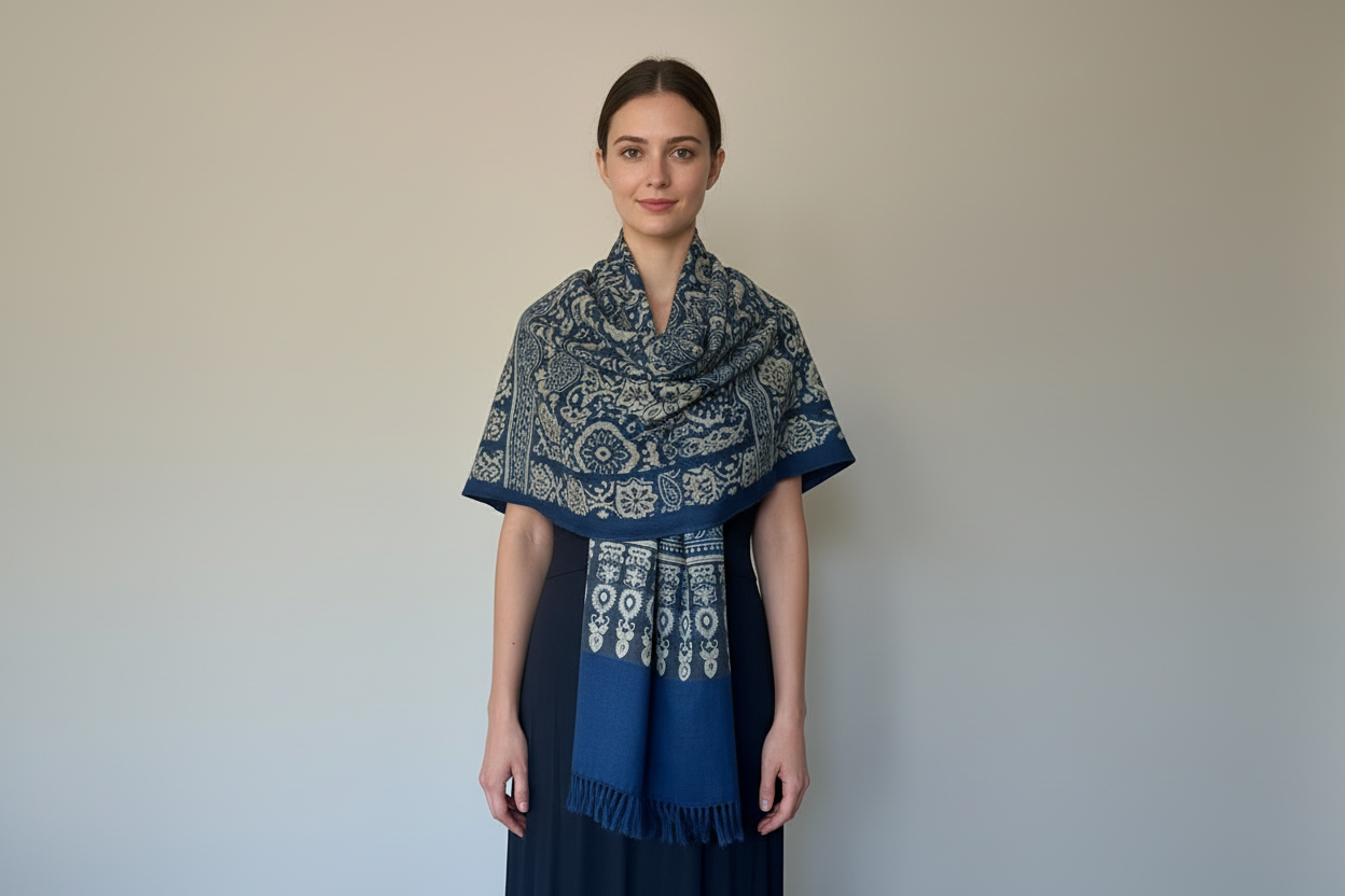 Indigo Flowers - Ajrakh Luxury Fine Wool Shawl