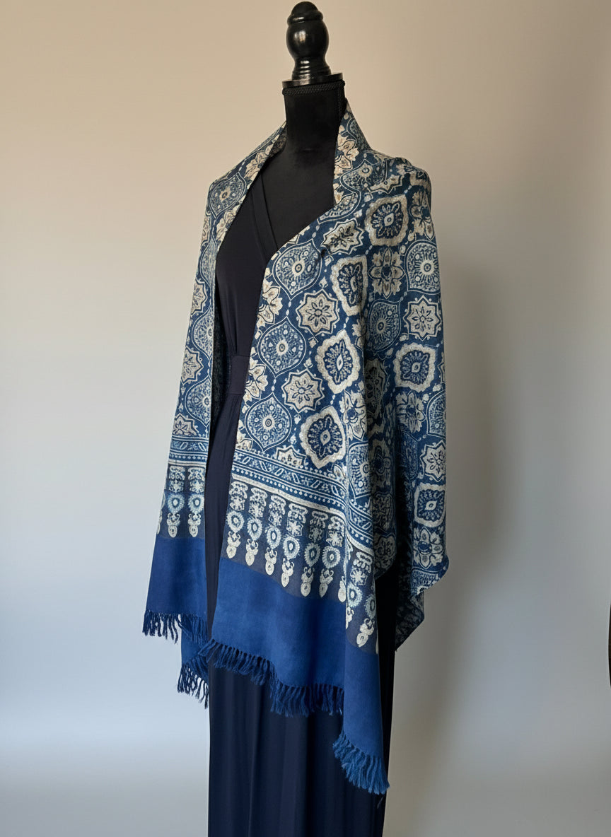 Ajrakh Luxury Fine Wool Shawl - indigo - shawl