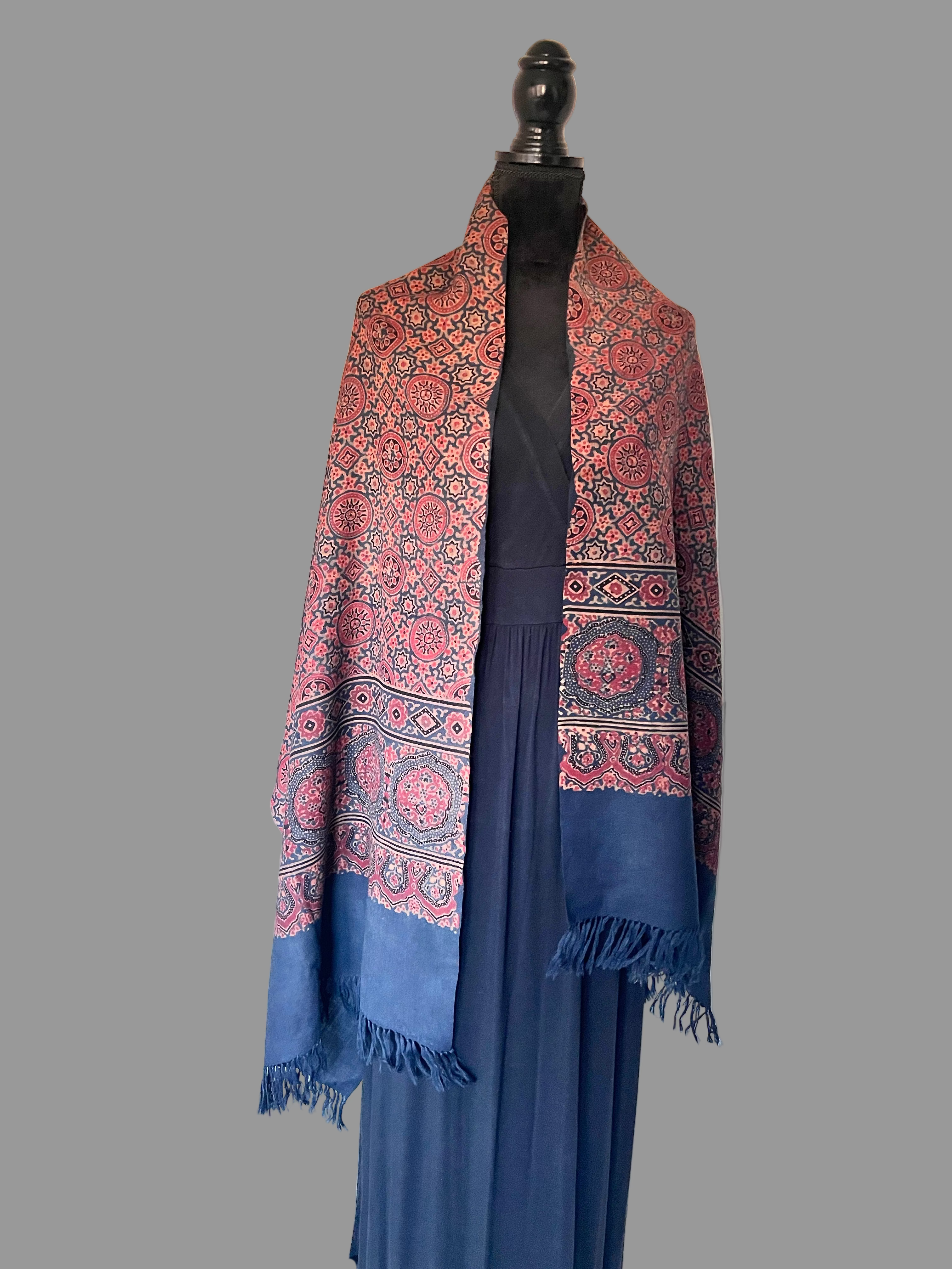 Ajrakh Luxury Fine Wool Shawl - red-indigo on dress form