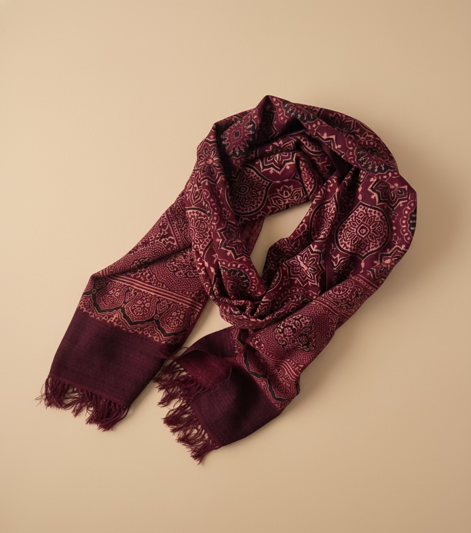 Ajrakh Luxury Fine Wool Shawl - red base