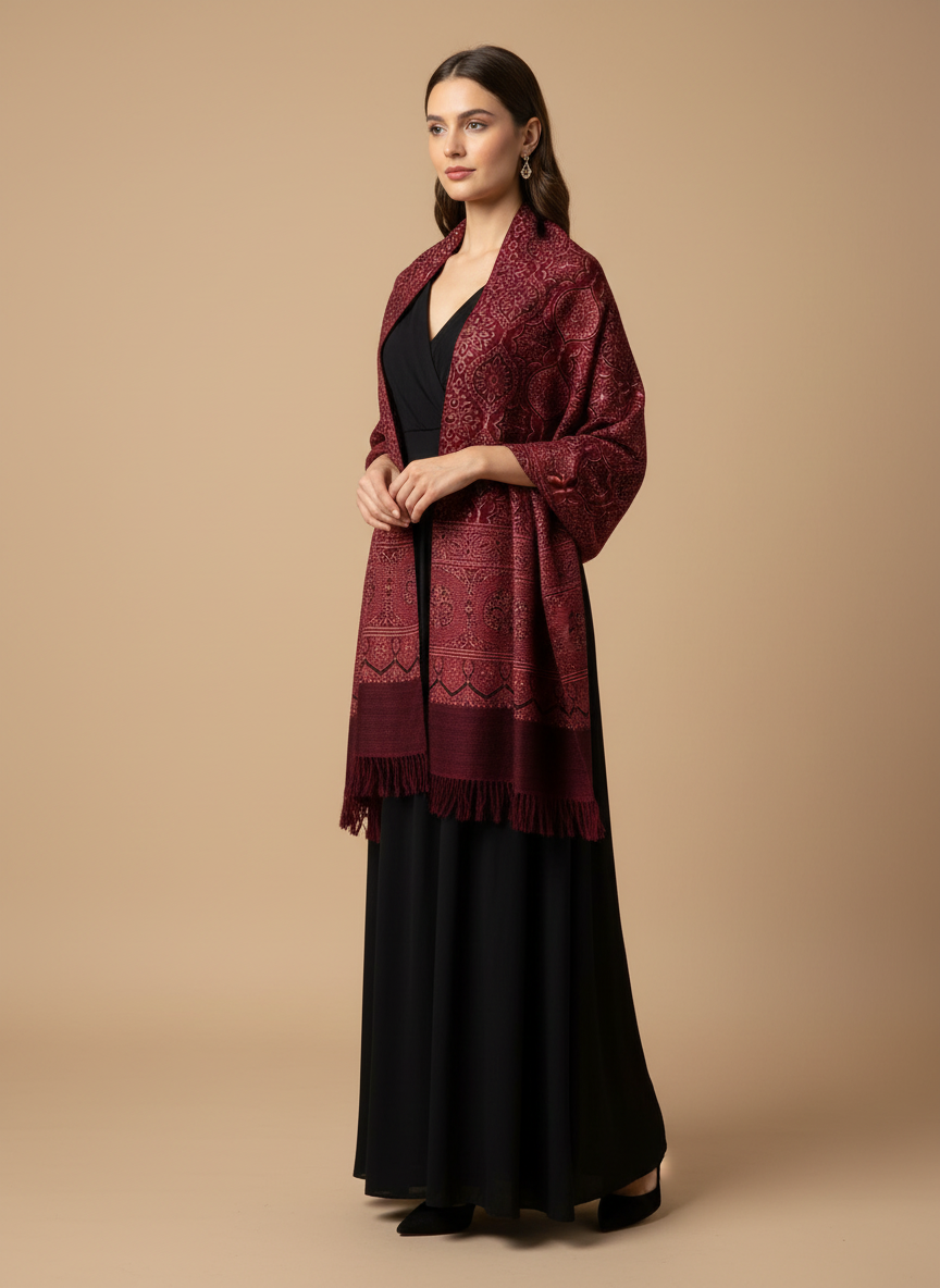 Ajrakh Luxury Fine Wool Shawl - red - on woman