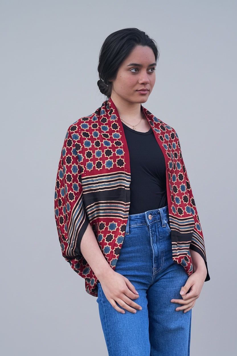 Ajrakh modal silk Shrug- jaali - frontal on model 