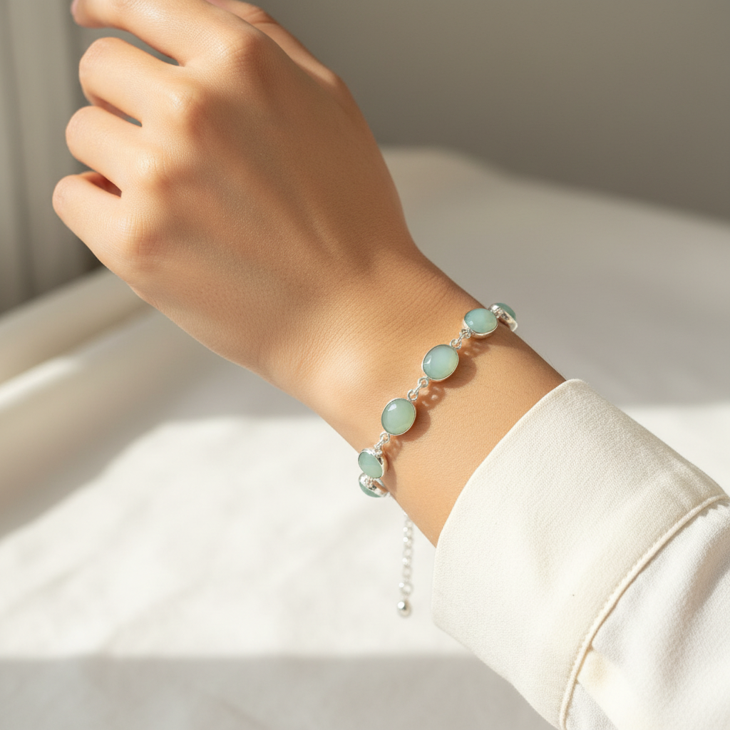 Aqua Chalcedony Silver bracelet on hand