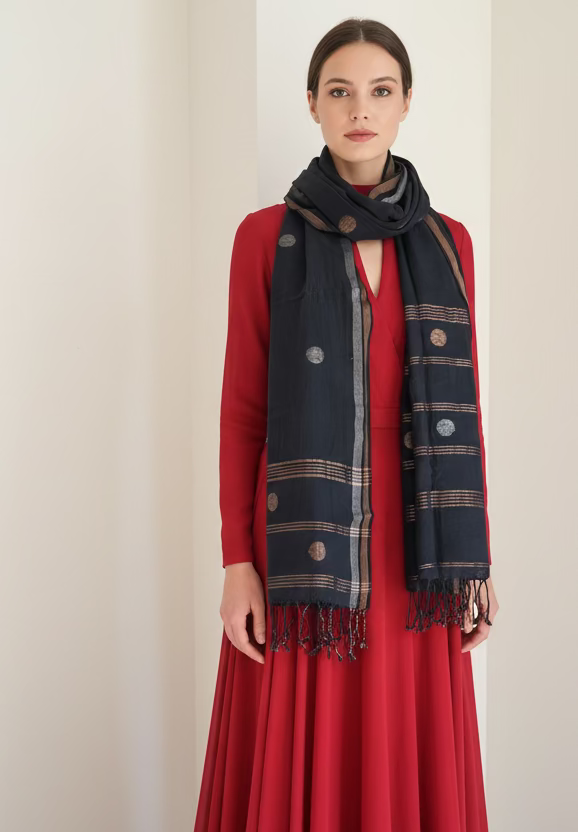 Black Zari circle motif on muslin Jamdani long scarf