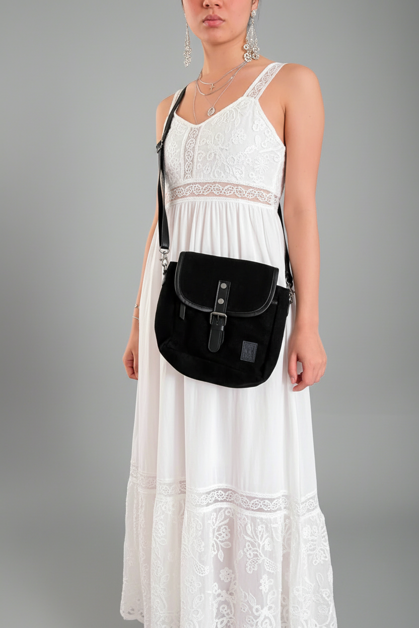 Boo Burlap and Leather Sling Bag - black - on a woman