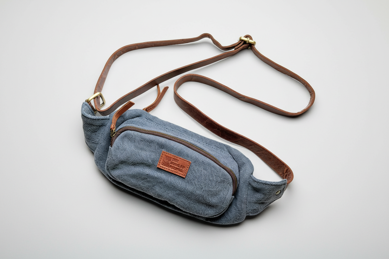 Burlap and Leather Fanny Pack - grey