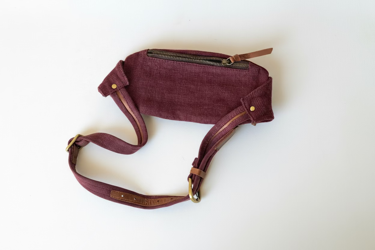 Burlap and leather Fanny pack - back view - wine