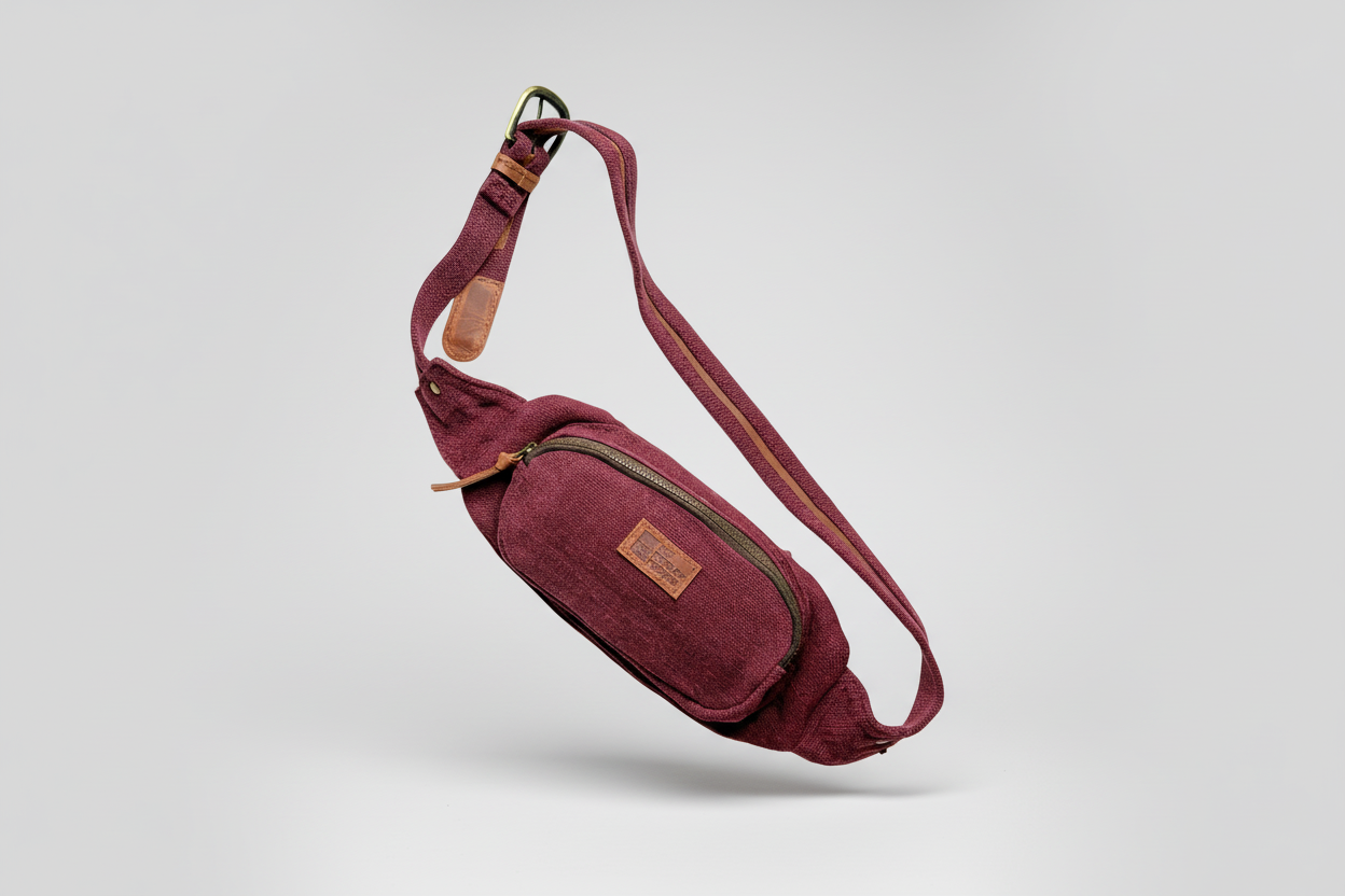 Burlap and leather fanny pack - Wine