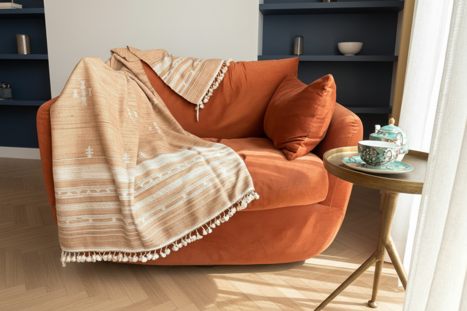 Camel jalboota fine vegan silk-wool throw on couch