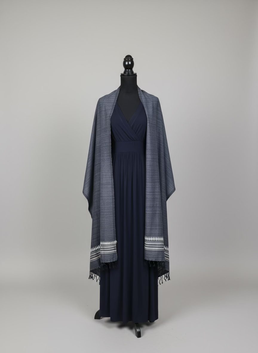 Charcoal Grey Vegan Silk Scarf with White Diamond Motifs - full