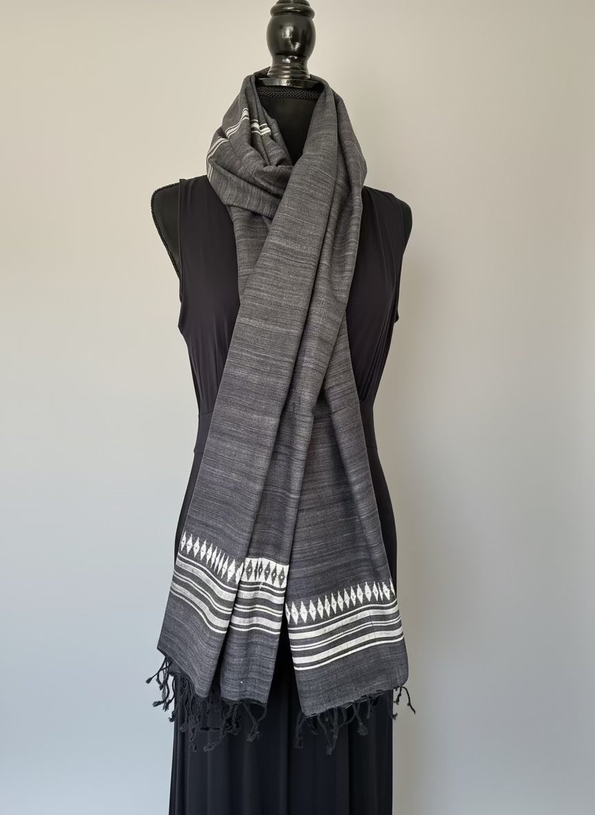 Charcoal Grey Vegan Silk Scarf with White Diamond Motifs - long