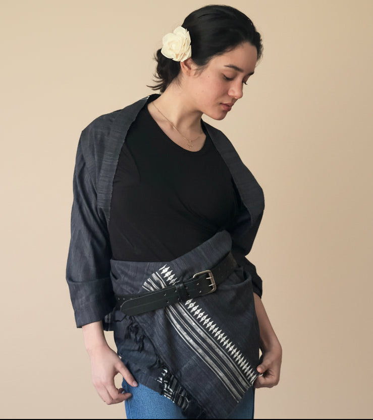 Charcoal vegan Silk scarf with diamond motifs - on woman