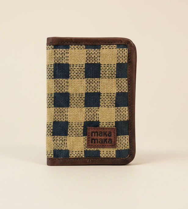 Checks - Mustard and indigo - block printed passport holder  with leather trim - closed dark navy and tan squares, brown leather trim