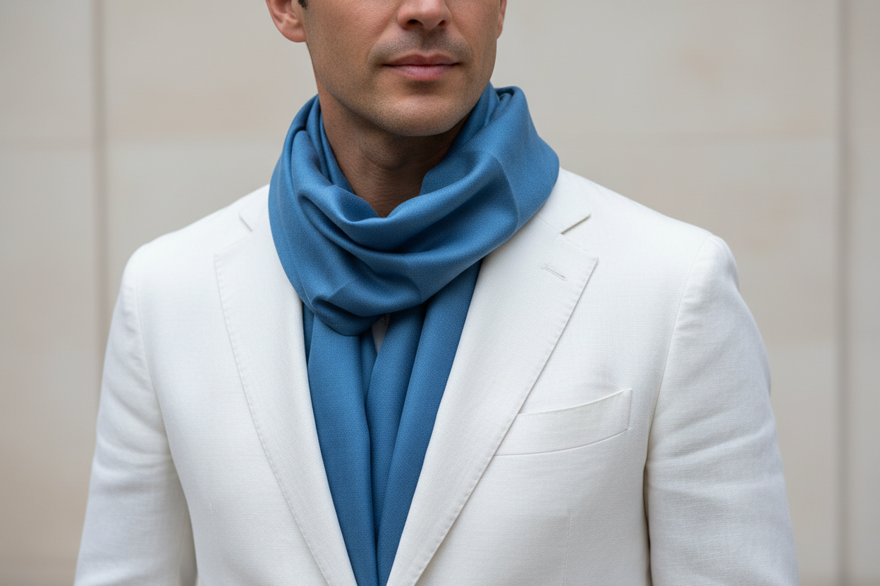 Cobalt Blue Luxury Pashmina Scarf - on man wearing white jacket