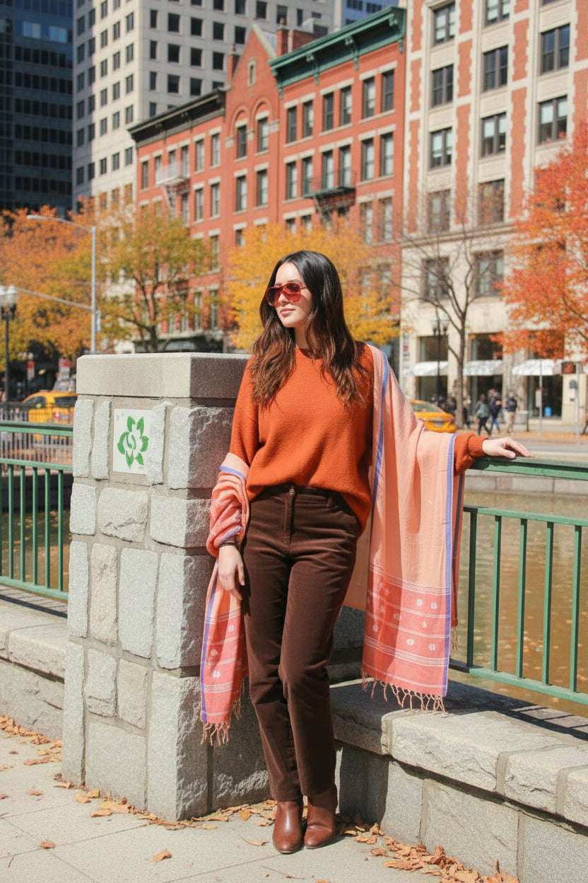 Coral Jamdani Muslin scarf styled