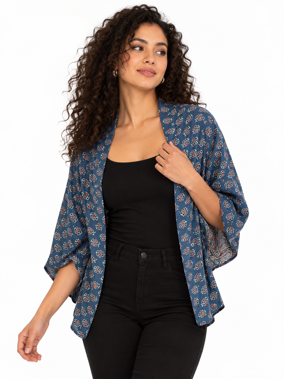 Blue Fleur - Ajrakh Modal Silk shrug - All Season