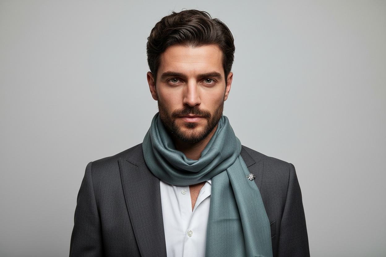 Dark Graphite Luxury Pashmina Scarf - on man