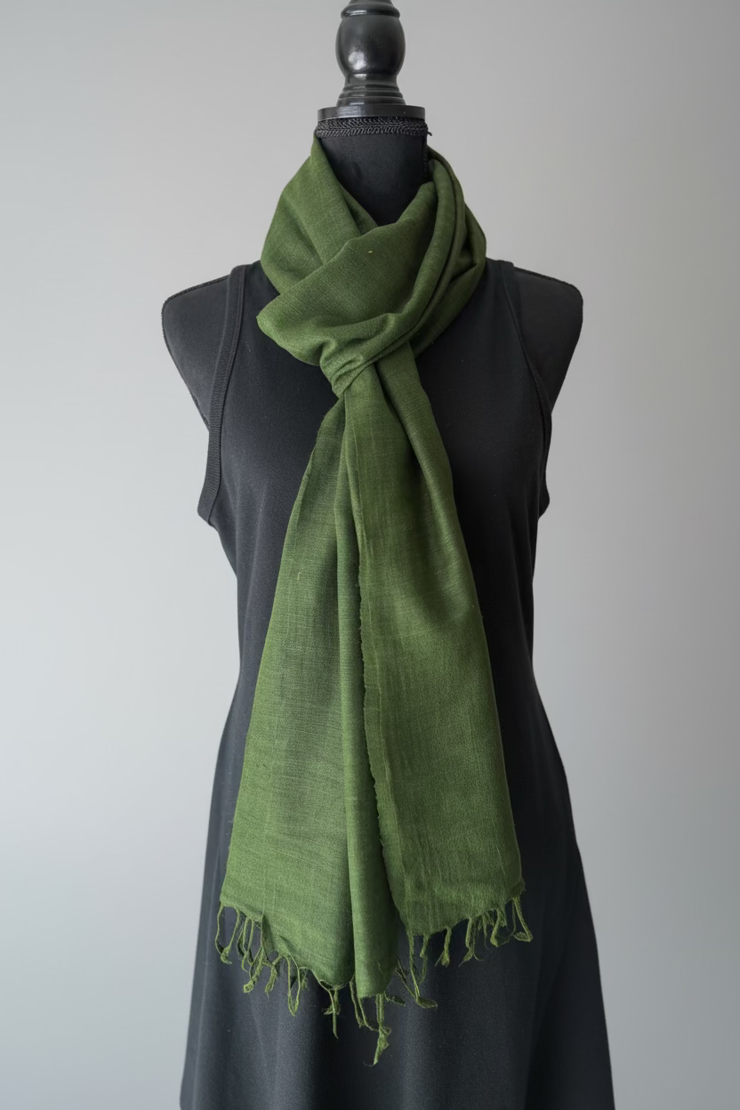 Dark green luxurious vegan silk scarf on dress form
