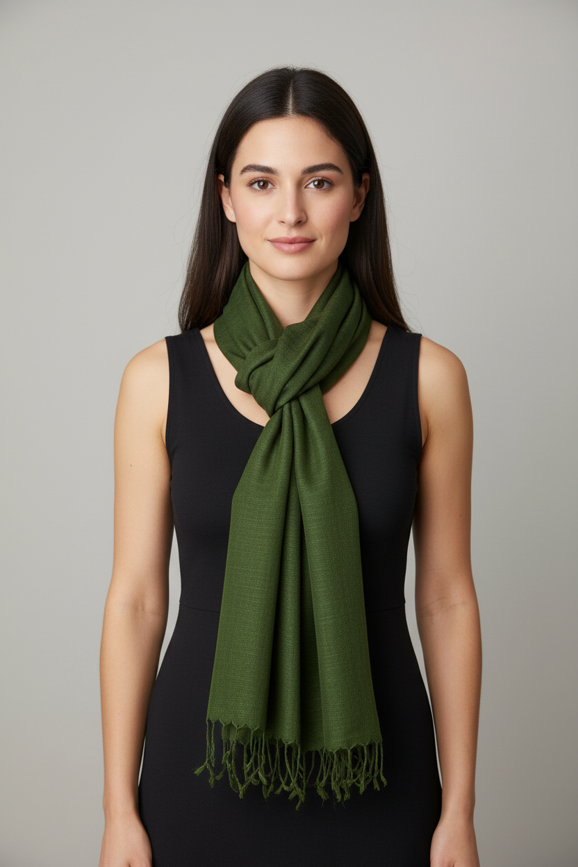 Woman wearing dark green vegan silk scarf
