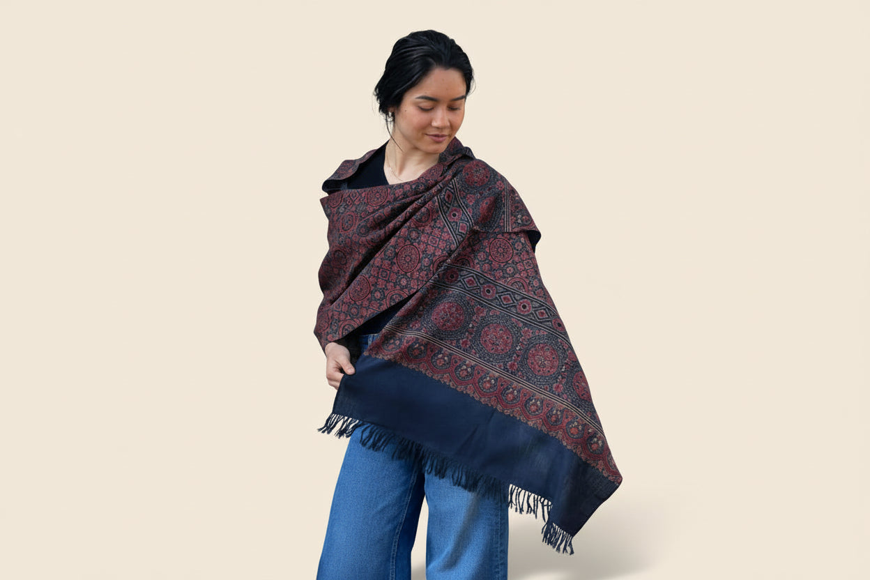 Dusk ajrakh fine wool luxury scarf n indigo and madder root Vegetable dyes