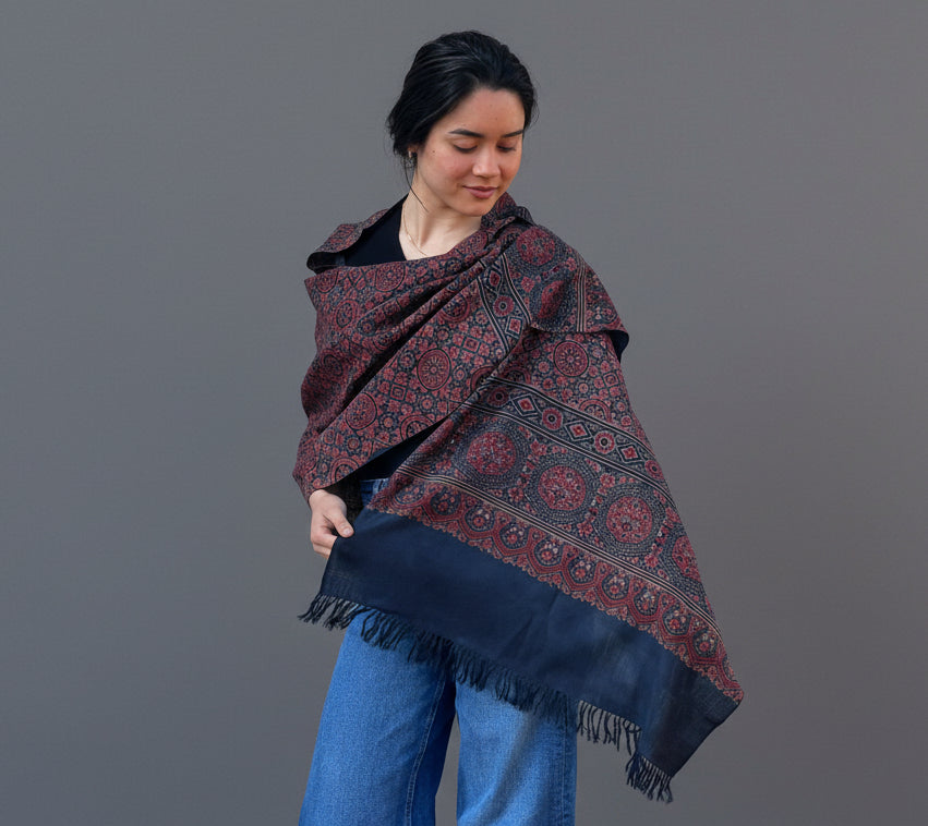 Dusk ajrakh fine wool luxury scarf n indigo and madder root Vegetable dyes
