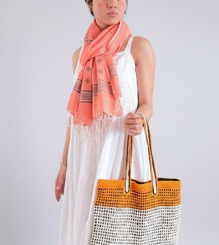 Woman holding a white and orange woven bag with a coral scarf