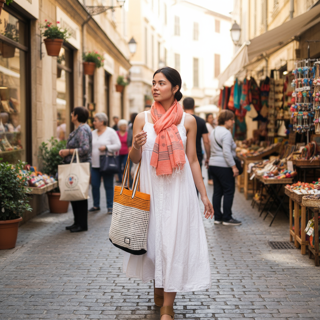 Woman walking through a bustling market street, holding a tote bag.