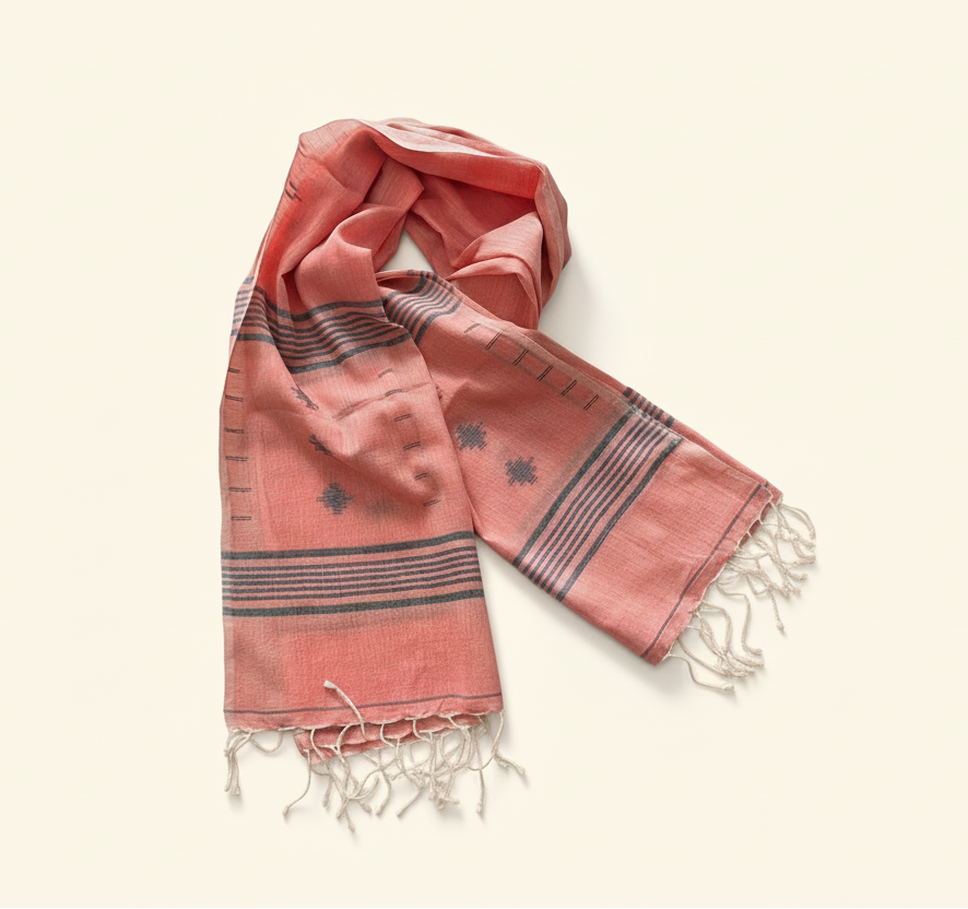Coral Pink scarf with black Jamdani patterns 
