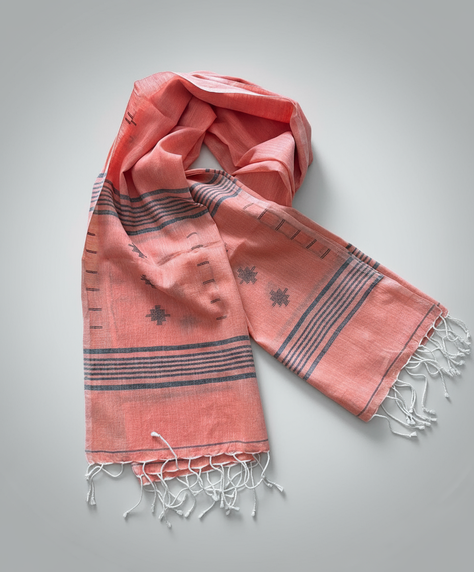 Coral Pink scarf with black Jamdani patterns 